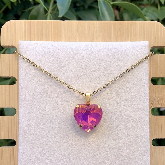 Fuchsia Opal Aurora Borealis + Gold Crystal Heart Drop Pendant Necklace - Picture 6 of 6